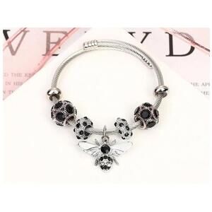 Black Bee charm - Bangle Bracelet - Titanium Steel- CZs